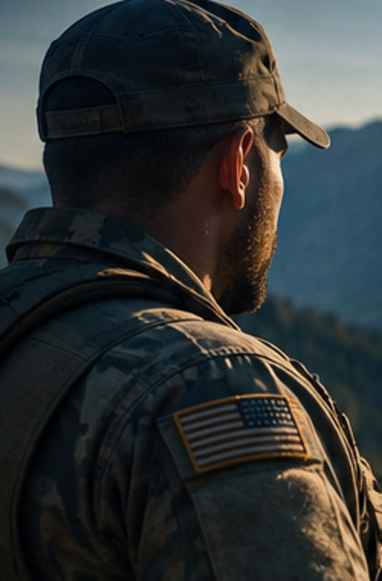 Illustrative veteran looking toward a mountain landscape
